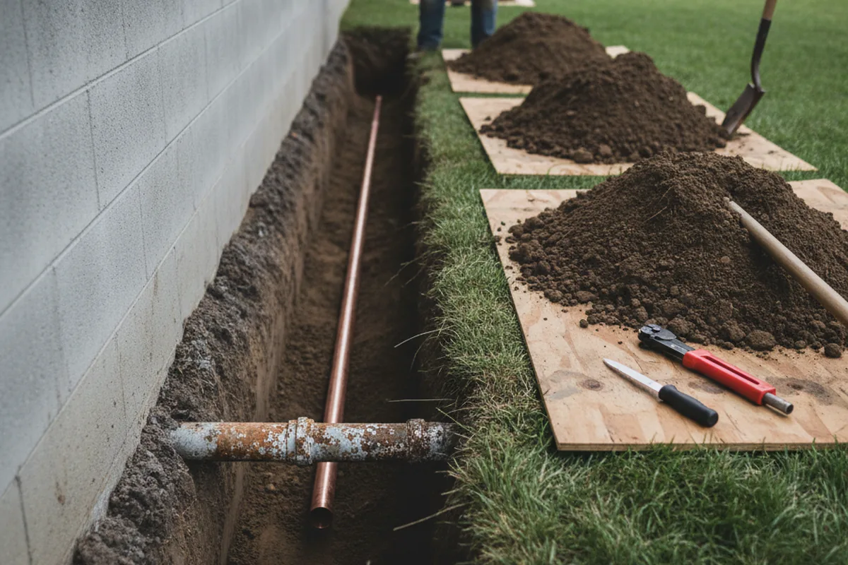 Excavated water line trench during Sewer Line Repair in Peridot